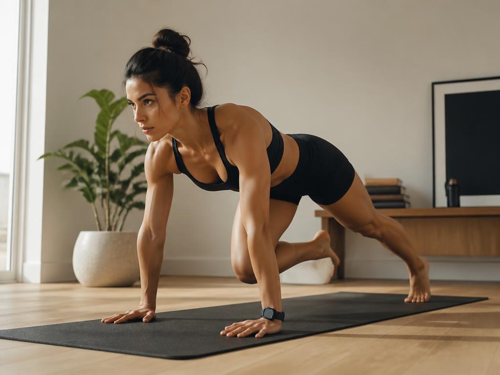 Mujer realizando ejercicio de calistenia en casa